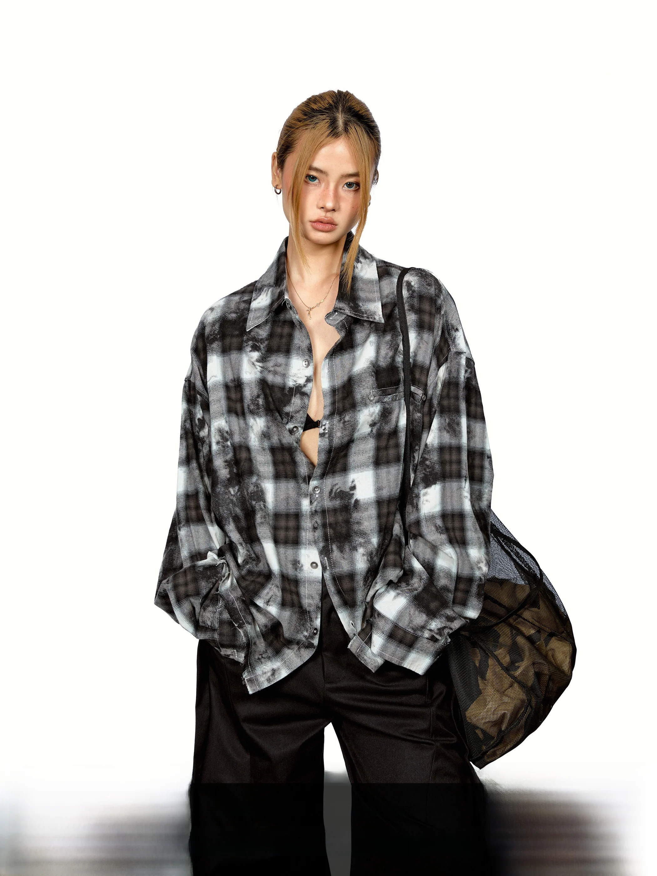 

Bla And White adient Plaid Long Sve женское пальто irt в американском стиле ретро Distred Loose Lazy Feeling irt пальто из чистого хлопка
