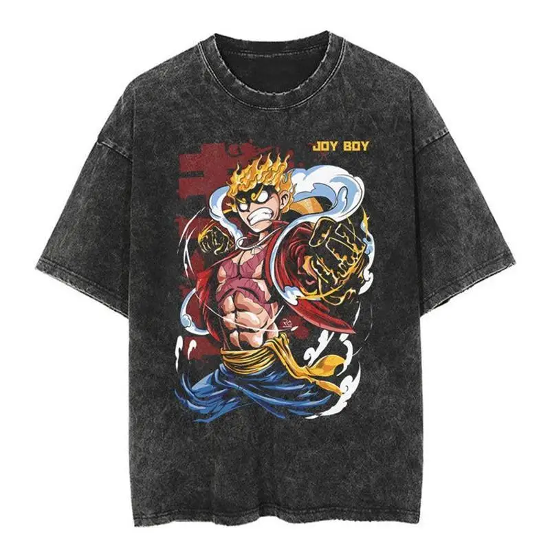 

Men's casual oversized washed Harajuku T-shirt washed ONE PIECE Japanese anime one-piece graphic loose street black top T-shirt