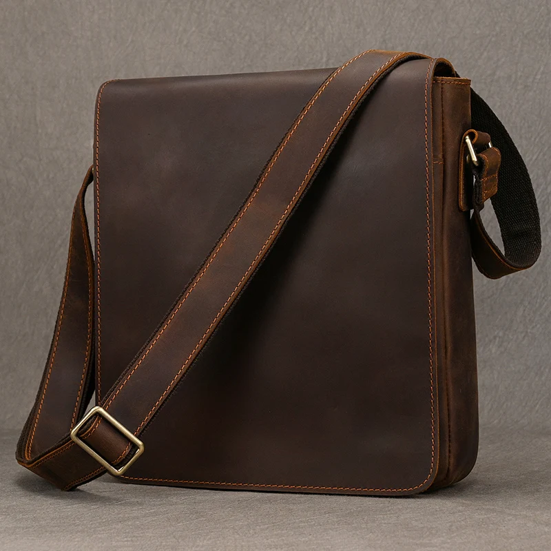 Vintage Crazy Horse Leather Men Bag iPad Cow Leather Flap Shoulder Bag Zip Around Casual Crossbody Bag Cowhide Male Briefcase