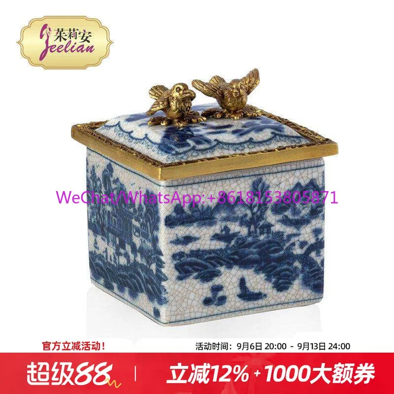 French exquisite blue and white ceramics with copper dressing table jewelry box villa living room home decoration