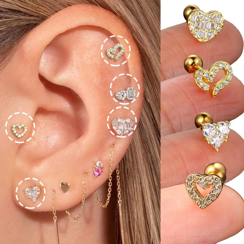 Милые серьги-гвоздики Y2k Heart Helix Tragus Lobe для пирсинга, женские серьги-гвоздики из нержавеющей стали с цирконием, аксессуары для ушей, плотные украшения для пирсинга