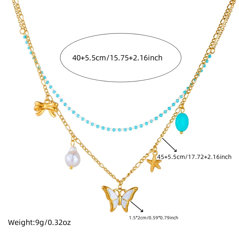 LAMENGLY 316l Stainless Steel Double Chain Personal Blue Bead Butterfly Starfish Bowknot Pendant Necklace Women Trend Party Gift