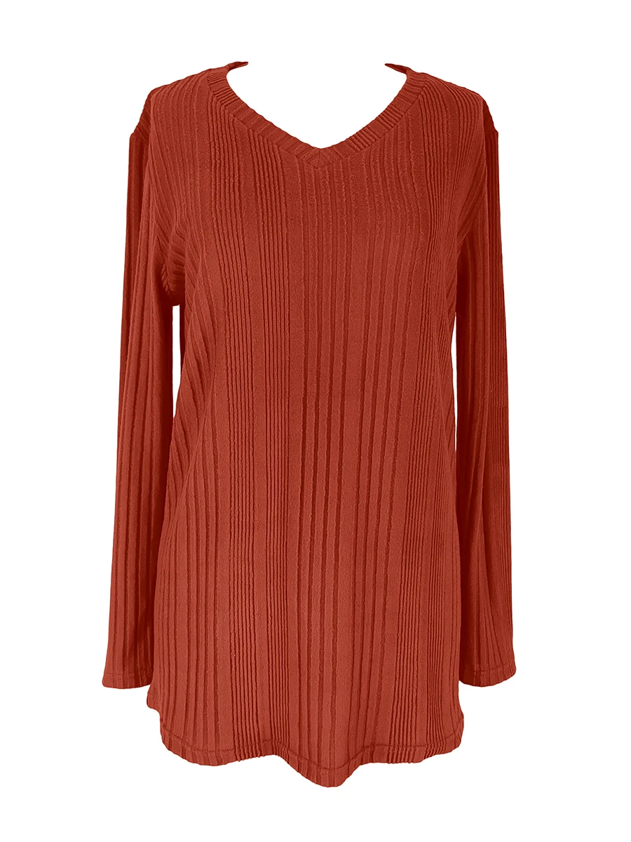 Damen V-Ausschnitt Langarm T-Shirts Gerippte Strick-Tunika-Oberteile Lässige Lose Einfarbige Pullover-Bluse Herbst Winter Basic Tee Damen 2026 – Detail 6