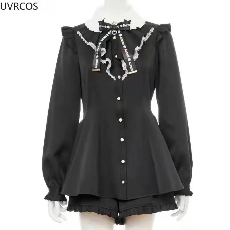 Japanese Gothic Lolita Dress Shorts Set Women Kawaii Bow Lace Short Sleeve Shirt Dress High Waist Rufffles Shorts Female Outfits