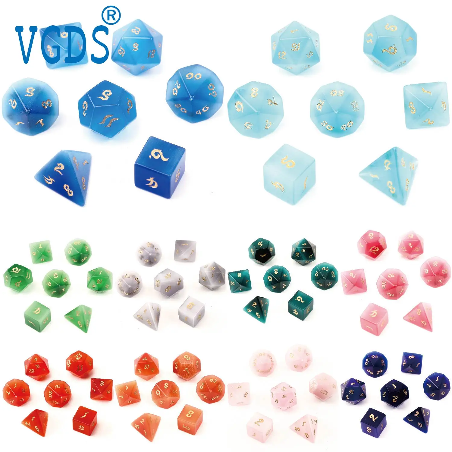 VGDS Arial Font Engraved Numbers Flicker Cat's Eye Crystal Table Role Play Game 7Pcs/SET D4 D6 D8 D10 D12 D20 Dice