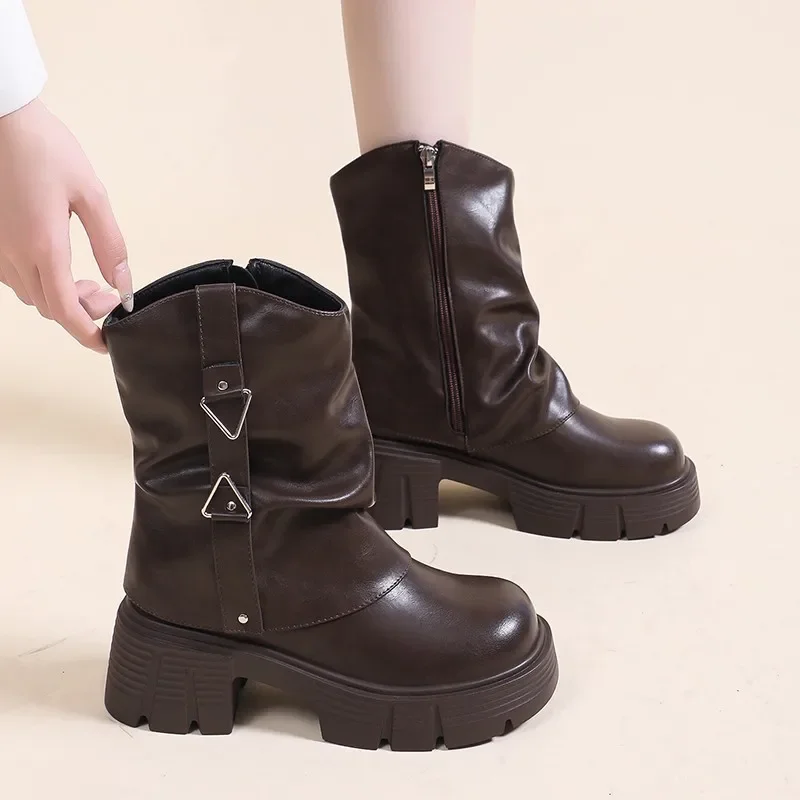 Women's Shoes 2024 Brand Side Zipper Women's Boots Fashion Round Toe Modern Boots Women Hot Sale Metal Decoration Mid-Calf Boots