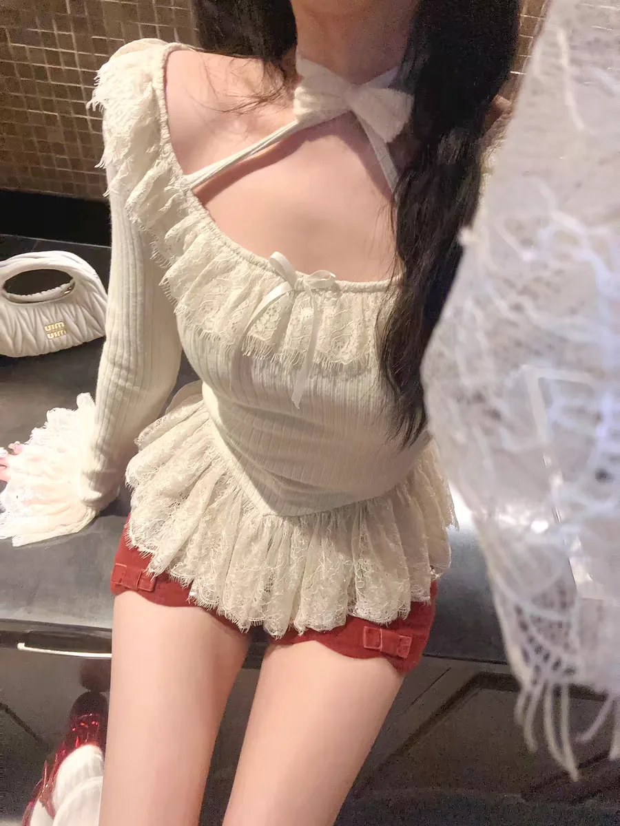 

Princess sweet lolita bobon21 Vintage lace bow plush neck top T2312