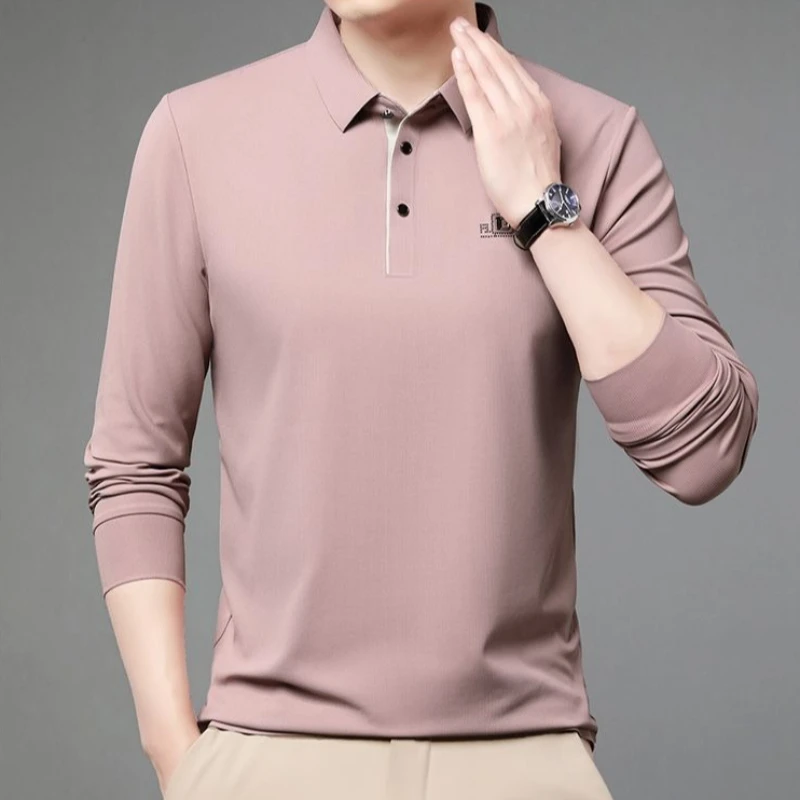 Middle Aged Men’s Long Sleeve Polo Shirt Natural Silk Blend Soft Touch Breathable Moisture Wicking Office Daily Wear