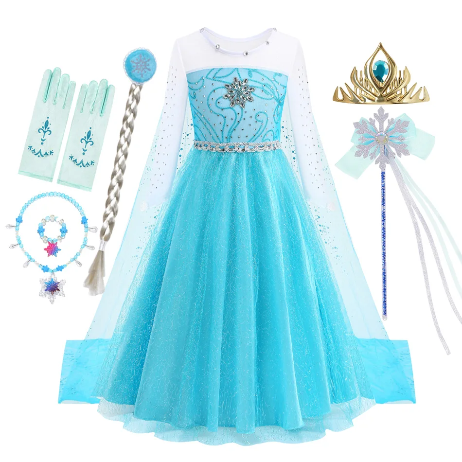 

Elsa Snow Queen Costume Girl Fancy Birthday Party Gown Princess Dress Halloween Carnival Children Vestidos Dress