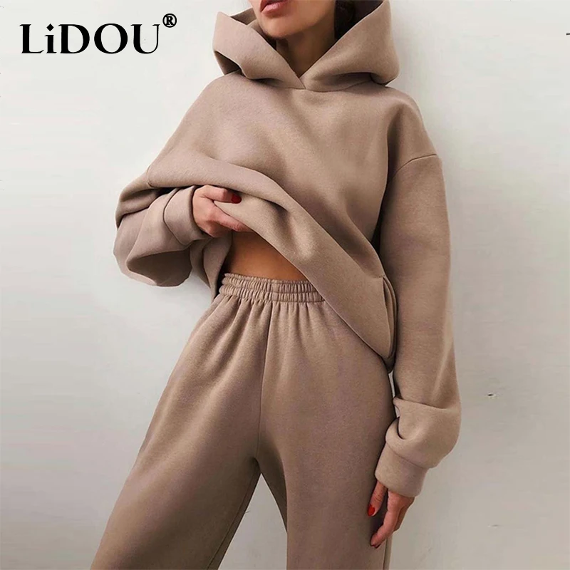 

Autumn Winter Women's Loose Casual Hoodies Elastic Waist Sweatpants Set Female Pocket Solid Color Hooded Sweatshirt Pants Suit