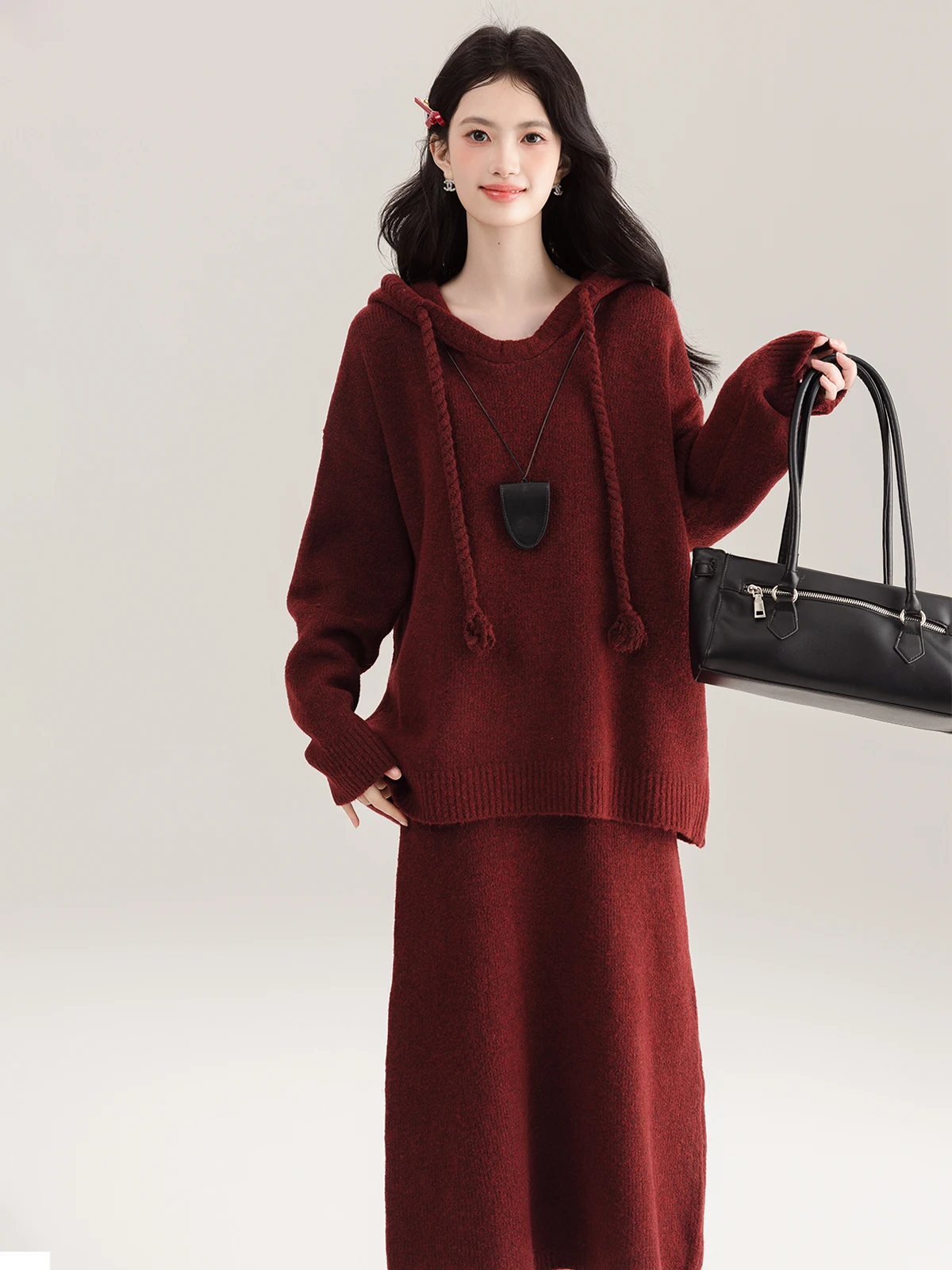 

RUXU Red Lazy Hoodie Skirt Set Women's Autumn Winter New Year Two-Piece Suit Polyester Fiber Long Sve Overhead Dr