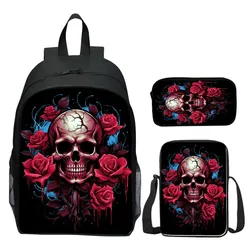 3pcs/set Fashion 3D Printed Rose and Skull Womens Backpack for Girls School Bags for Boys Book Bag for Kids Shoulder Bag