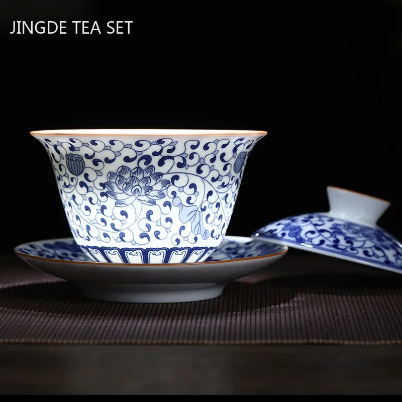 170ml Jingdezhen Ceramic Gaiwan Teacup Handmade Tea Tureen Blue and White Porcelain Tea Bowl Chinese Porcelain Tea Accessories