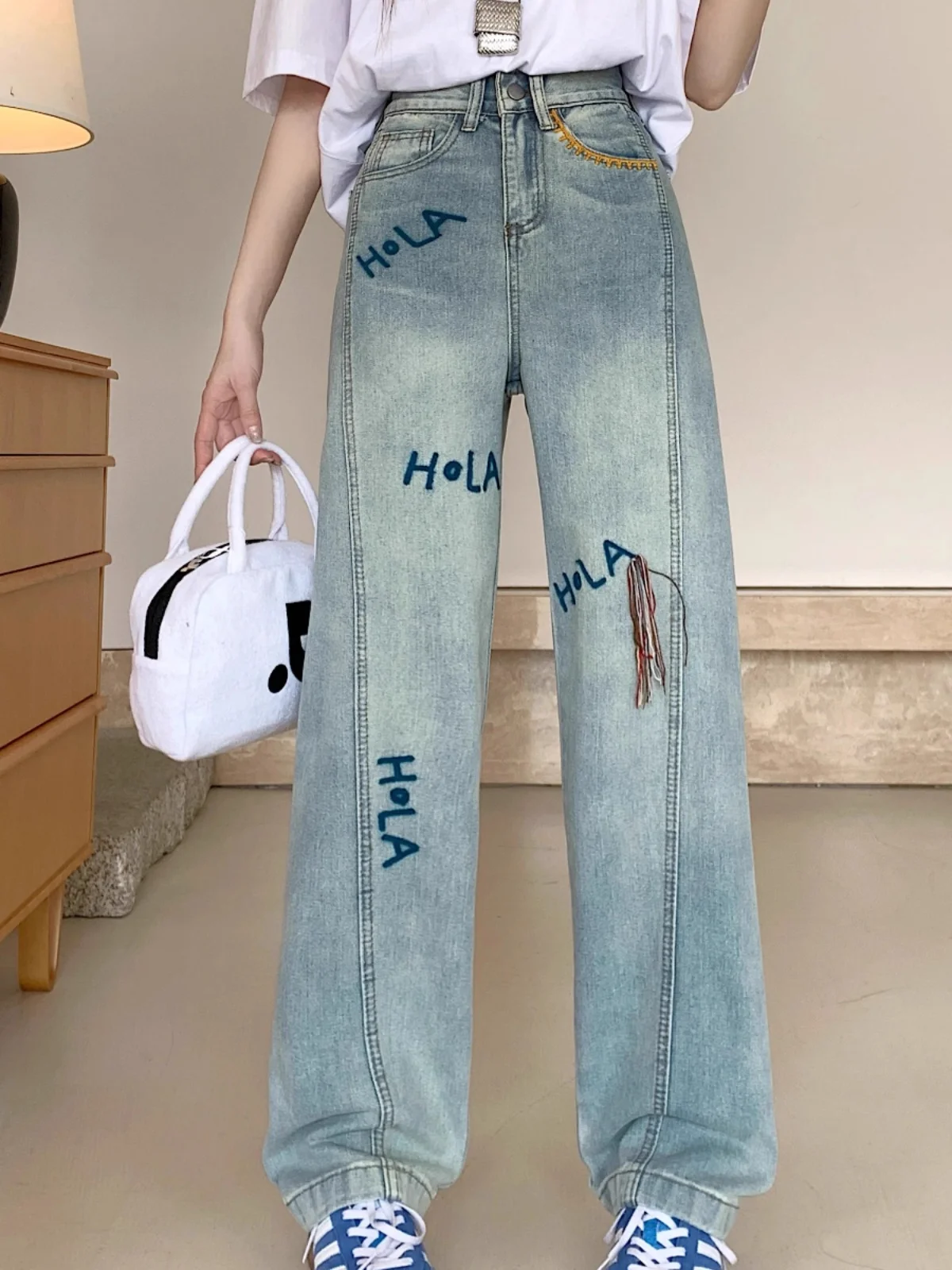 

plus Size Women's Denim Pants Embroidered Letter Wide Leg American Style Loose Fit Slimming Floor-Length Spring New Arrival