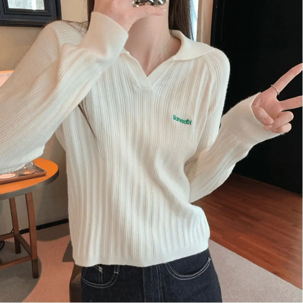 

Korean Style Slim Fit Polo Collar Embroidered Knitted Shirt Soft Waxy Material Letter Design Spring Autumn Inner Base Top