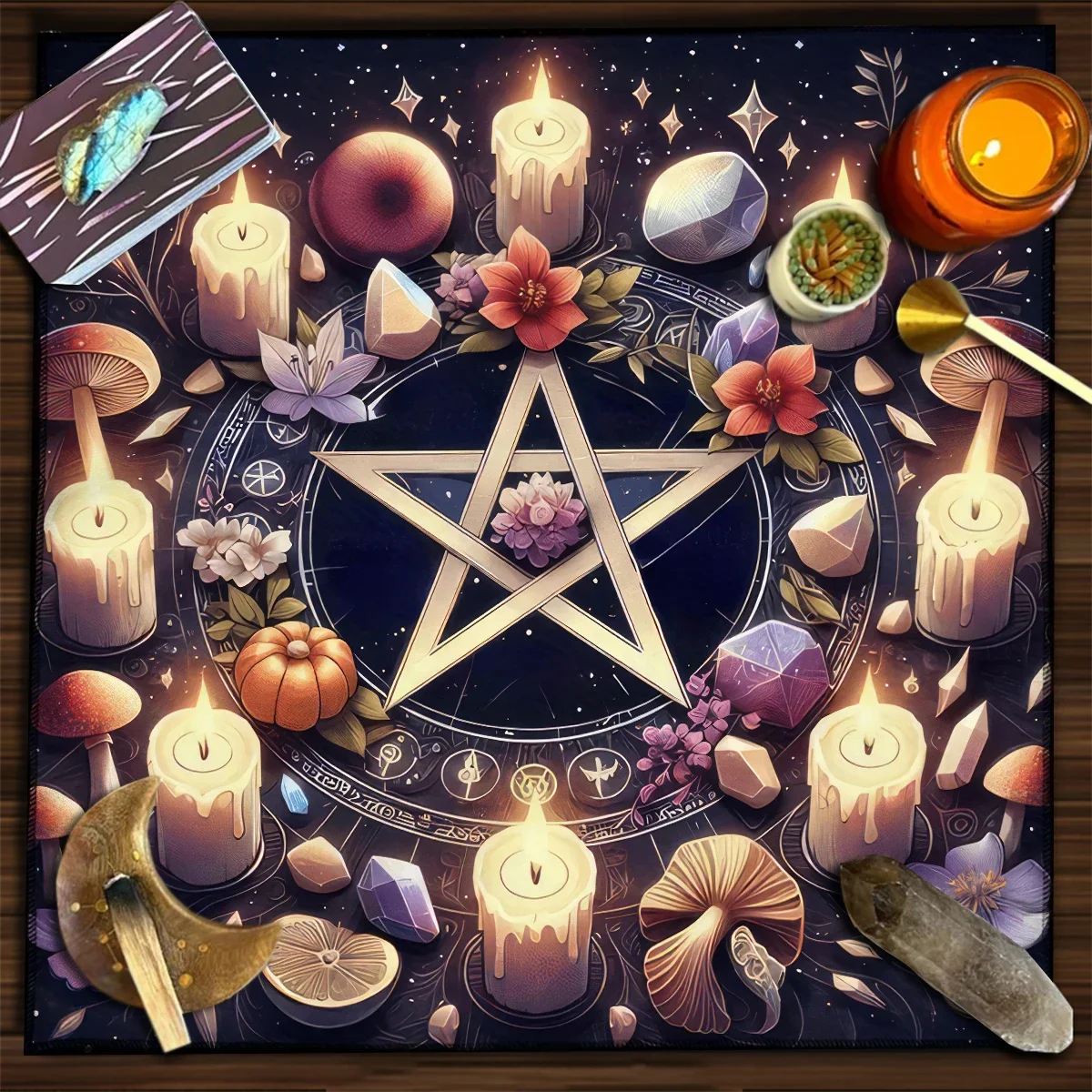 50/75/110/137cm Mysteriou Pentagram Tarot Table Cloth Flower Plant Crystal Altar Moon Star Witchcraft Divination Cloth Tarot Mat