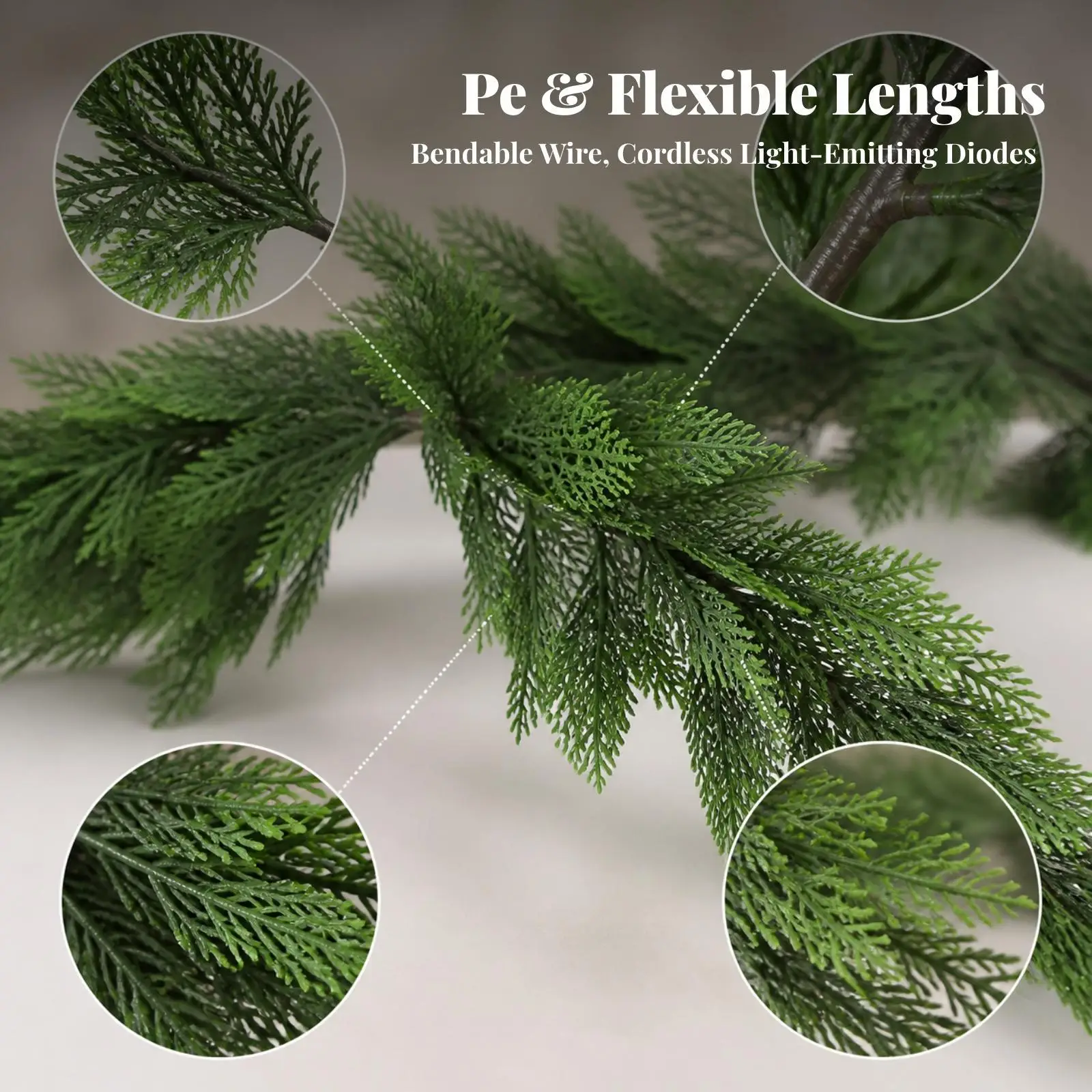 Realistic PE Material Artificial Cypress Garland Vine for Christmas Fireplace Mantel Door Arch Stair Railing