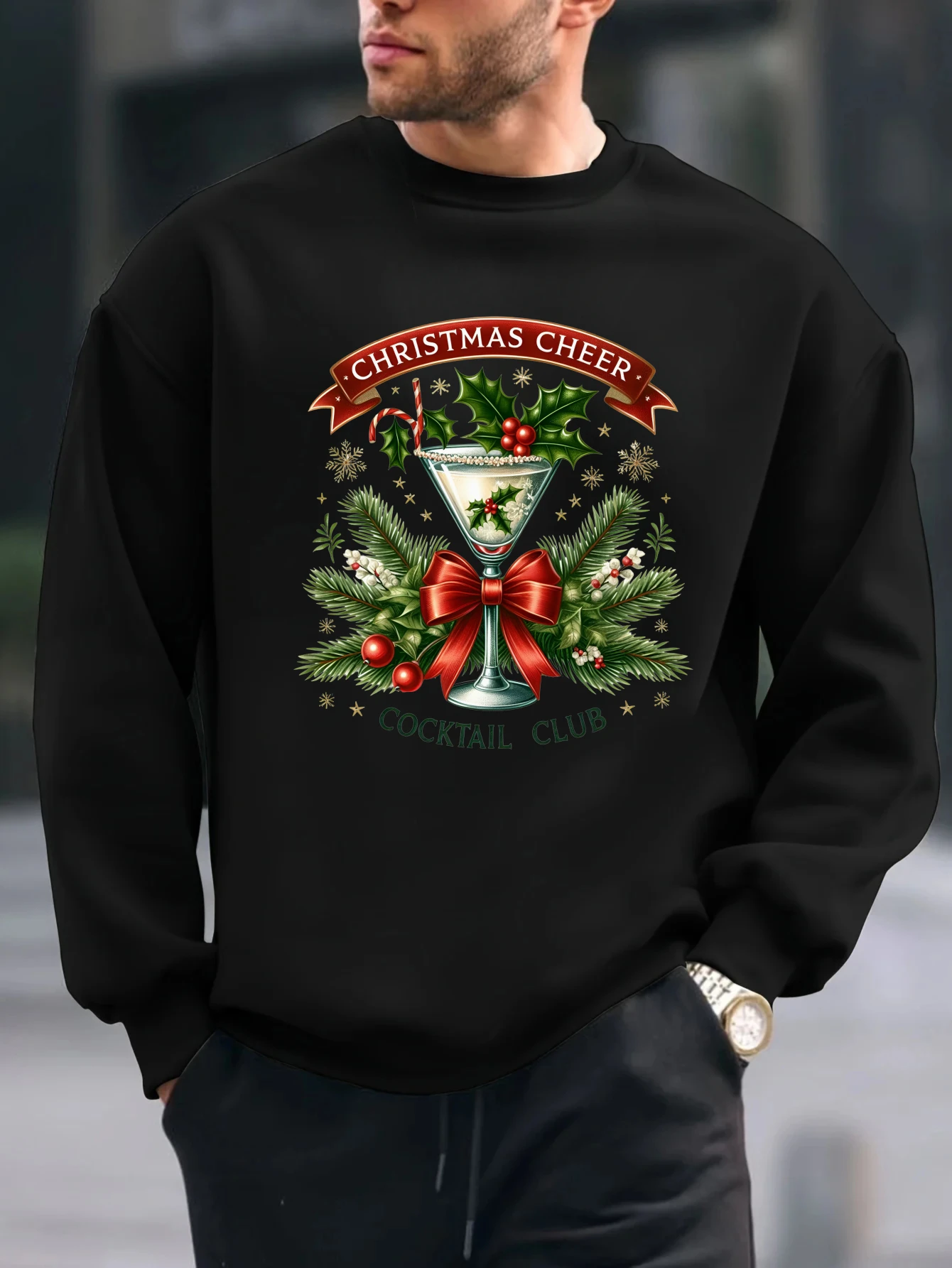 

2025 Highball glass graffiti print tops Christmas Themed Mens Long Sleeve T Shirt Spring And Autumn Casual Cotton Top clothes