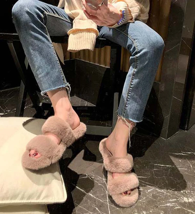 Black Beige Mink Fur double thick Strap Flat Slipper Peep Toe Women Skidproof sole Outfit comfortable Fur sandalias Shoes