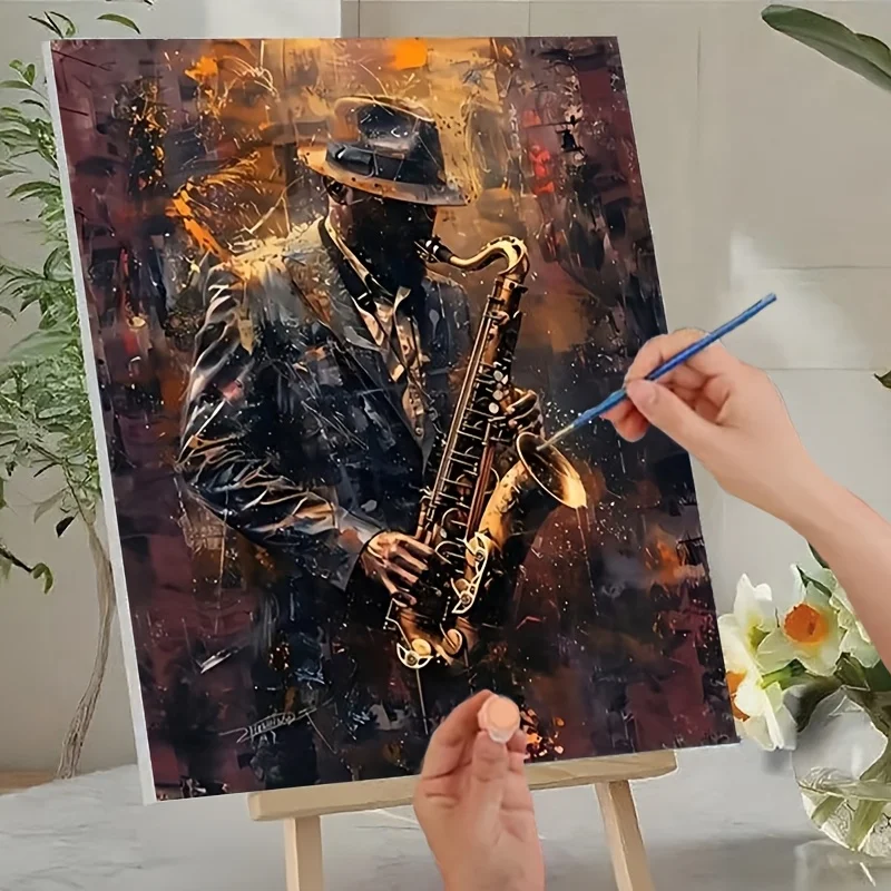 Kit Pittura Digitale Fai-da-Te, Dipingi con i Numeri, Quadro Astratto con Sassofono Jazz, Dipinto a Mano su Tela, Regalo Unico