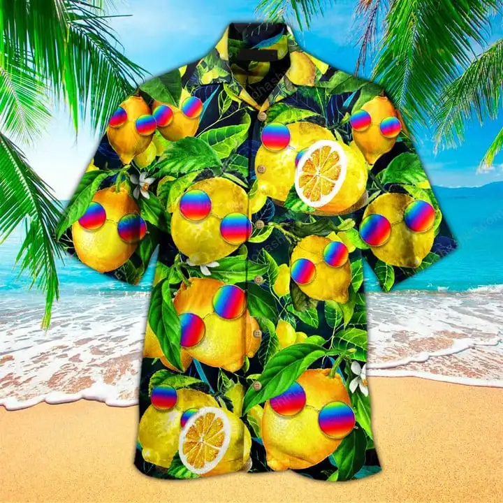 Full Print Fruit Lemon Graphic Hawaii Beach Shirts Summer Short Sleeve Plus Size Button Up Blouse Shirts Mens Tee Shirt Tops