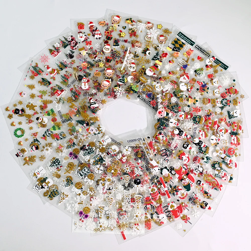 5D 크리스마스 반짝이는 만화 네일 스티커 눈송이/산타클로스/크리스마스 트리/노움 접착 네일 데칼 매니큐어 장식