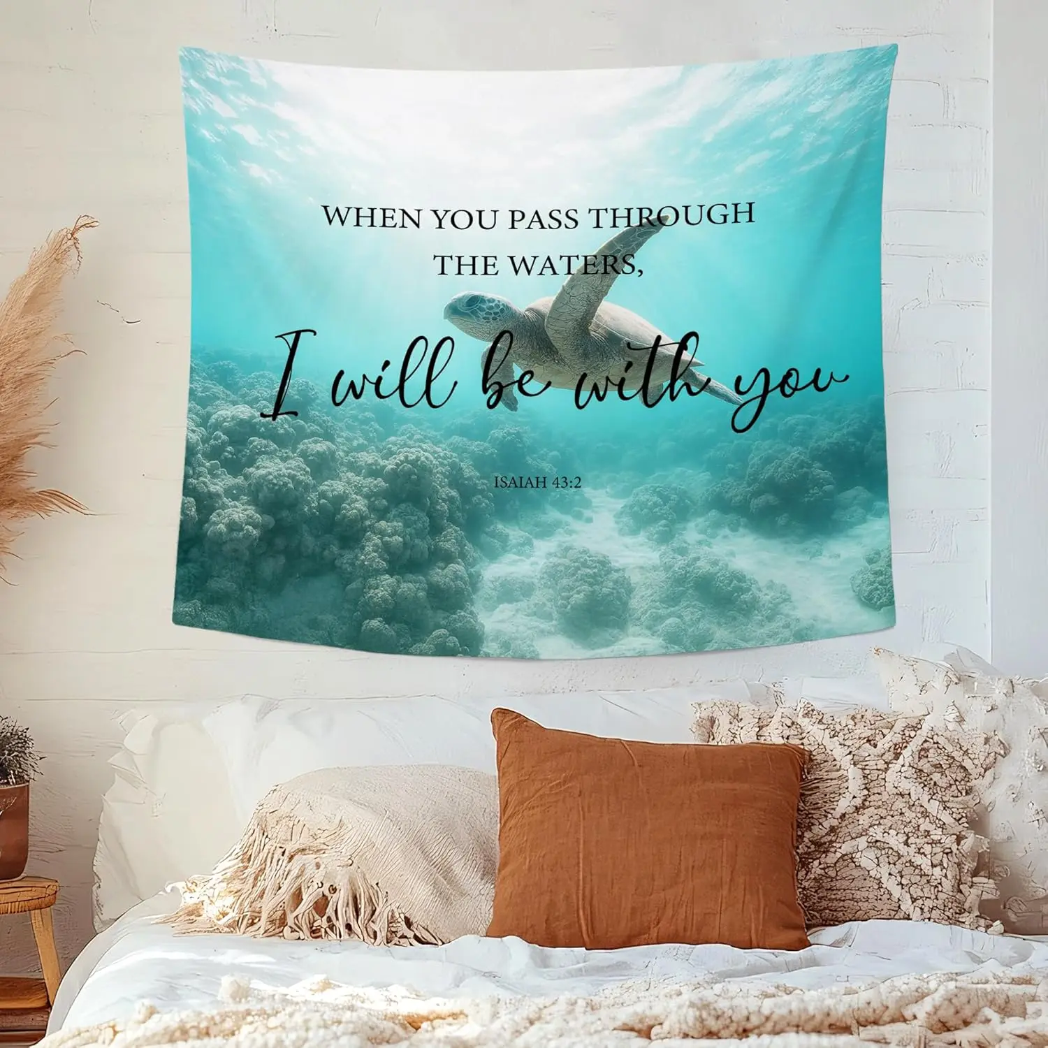 Large Ocean Sea Turtle Tapestry Boho Wall Hanging Inspirational Bible Verse Quote Christian Nursery Decor Art