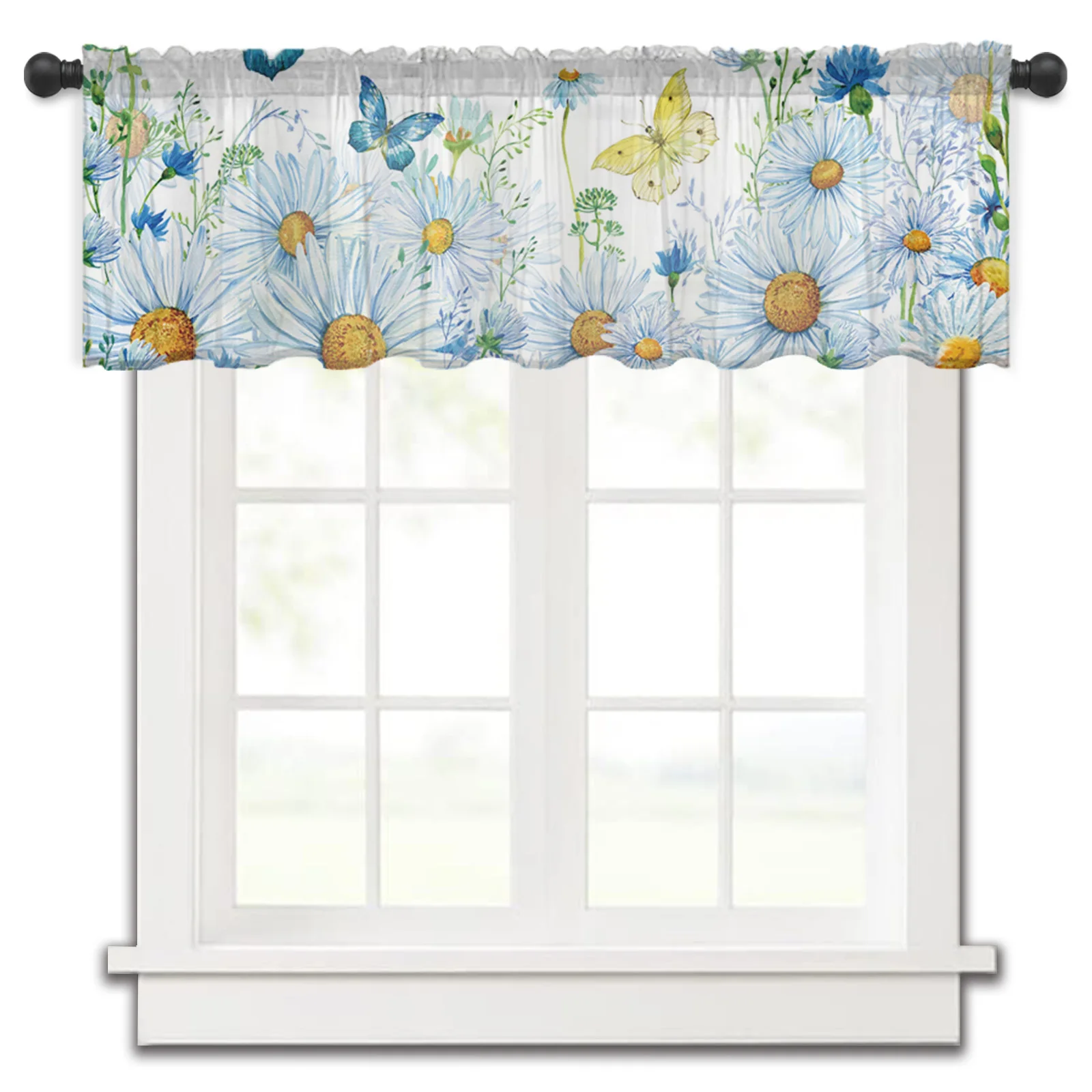 

Watercolor Flowers Daisy Butterfly Rod Pocket Short Curtain Half-Curtain For Kitchen Door Drape Cafe Small Window Sheer Curtains