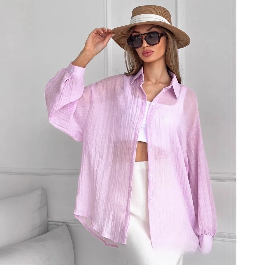 Protector solar v-ne largo Sve suelto algodón irt para mujeres coreano Sle Color puro Pol Collar Sved irt oulder Pad incluido