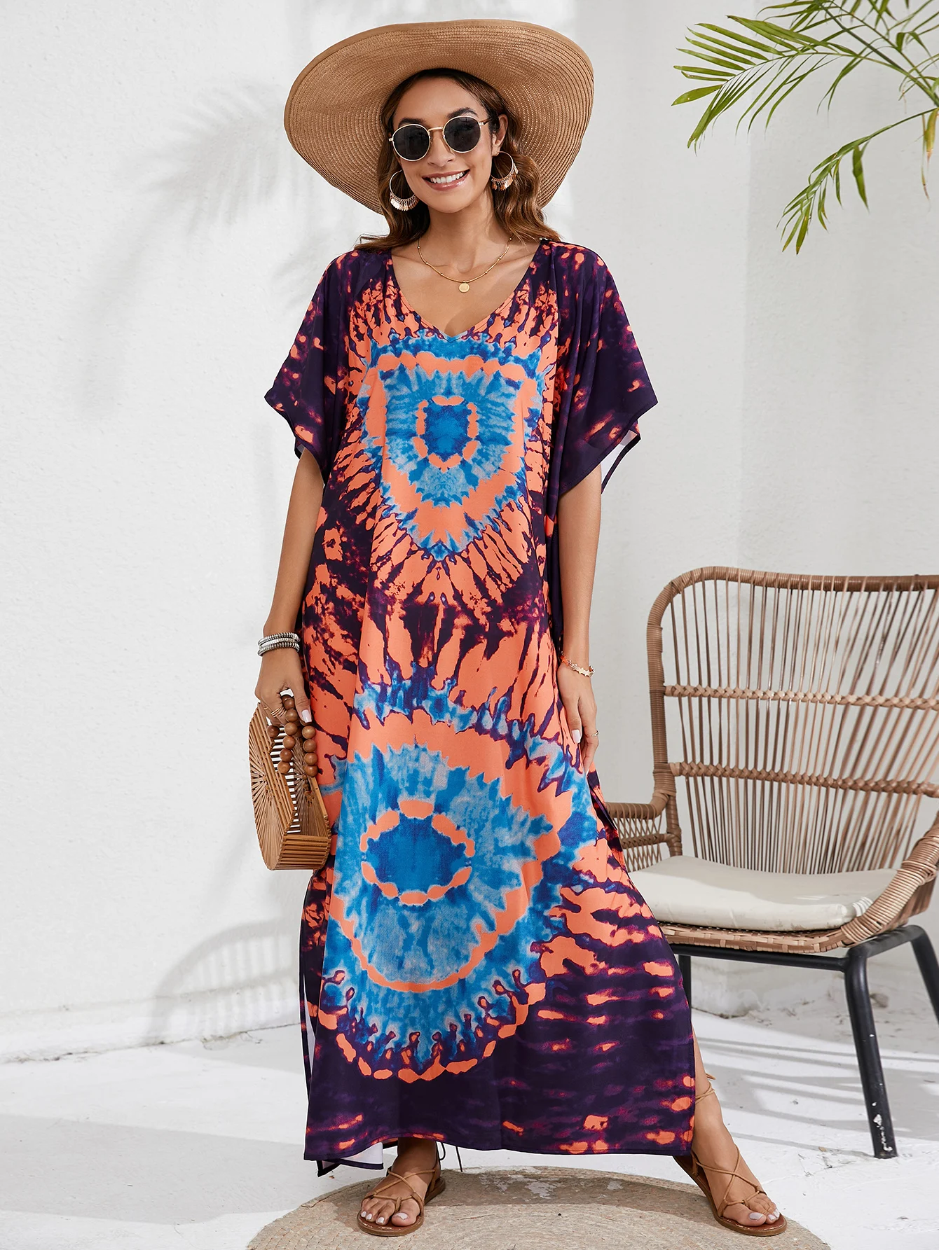 

Женское платье-макси в стиле бохо с V-образным вырезом и рукавом летучая мышь