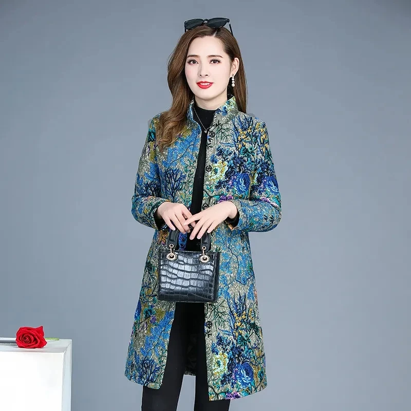 Retro Fashion Autumn Winter Overcoat Mid-Length Women Cotton Coat Linen Quilted Warm Coats Middle Aged Mom Casual Printed Jacket