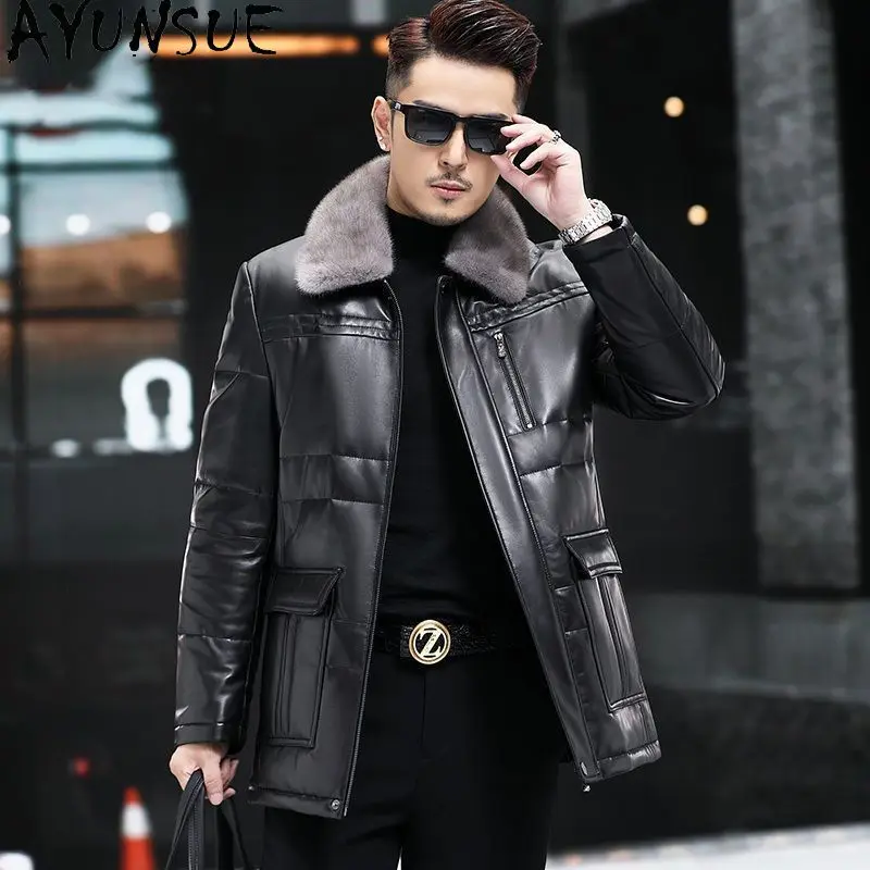 

AYUNSUE Real Leather Jacket Men Down Coat 2025 Autumn Winter Clothes Mid-length Sheepskin Mens Coats Warm Mink Fur Collar
