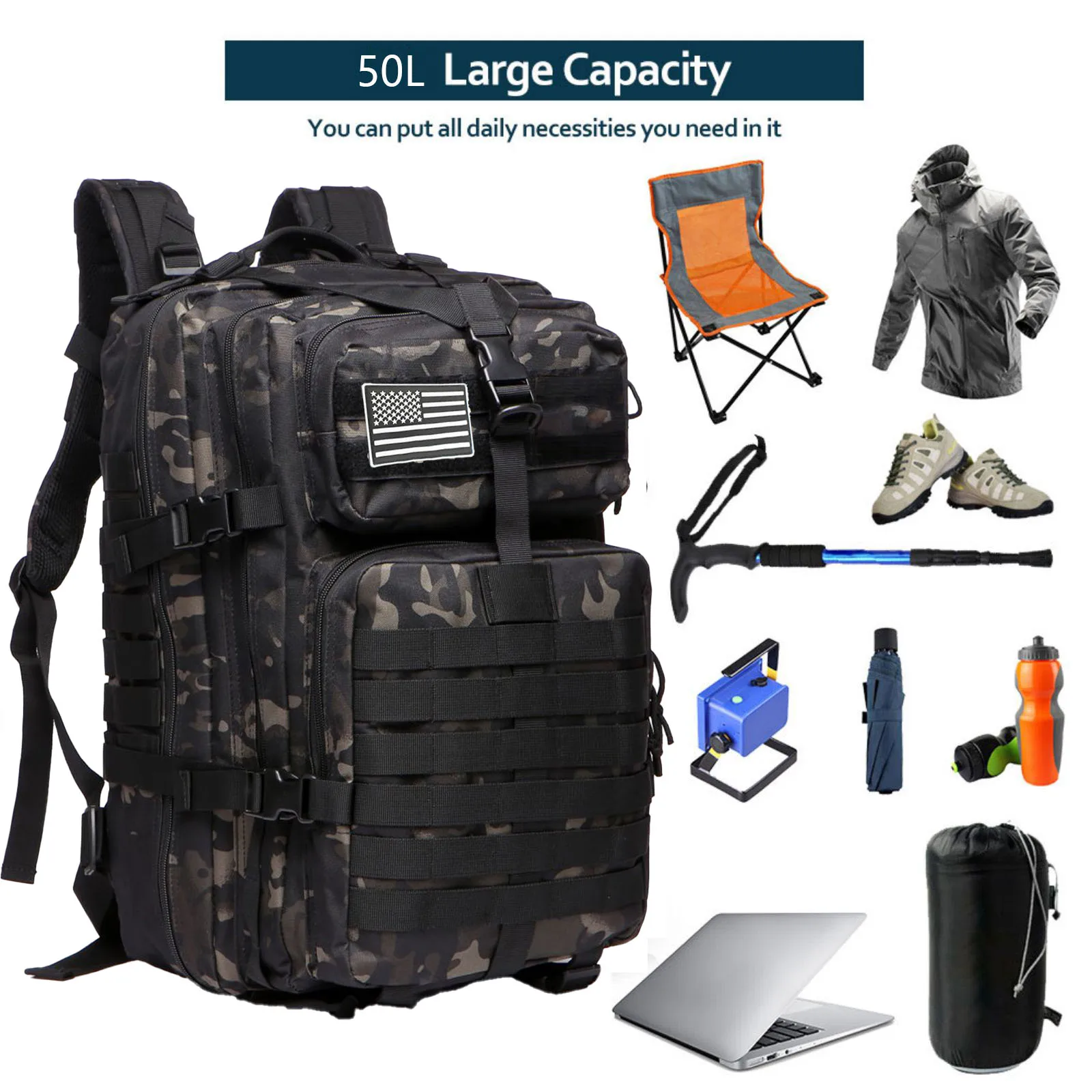Langlebiger Nylon 50L Wasserdichter Taktischer Outdoor-Rucksack für Wandern, Trekking, Angeln, Jagen, Camping und Reisen – Detail 15