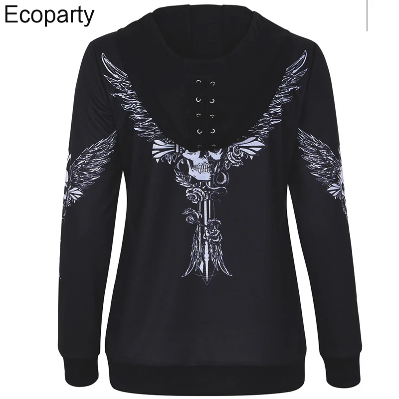 New Women Gothic 3d Skull Printed Hoodie Coat Black Long Sleeves Zip Up Loose Casual Hooded Jacket Aldult Darkness Sweatshirt