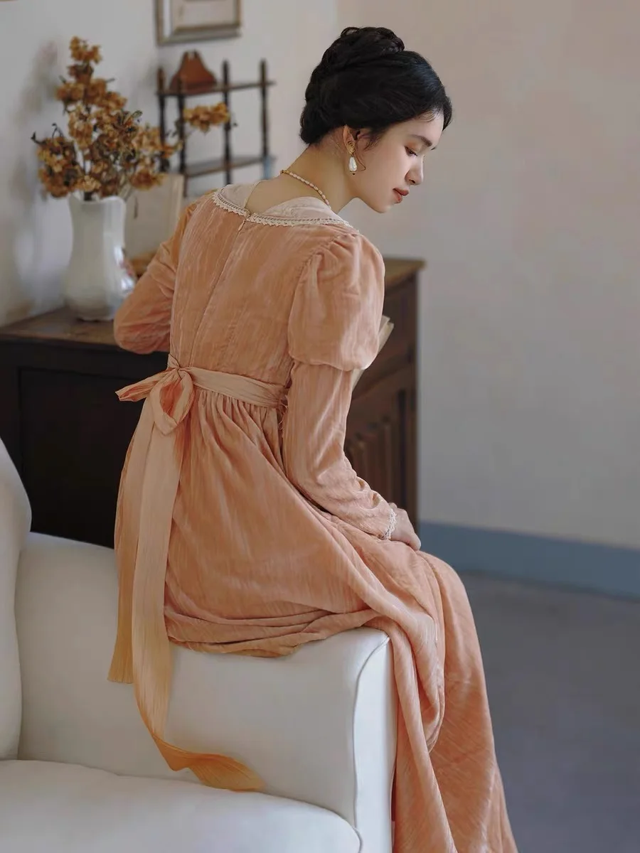 84-96cm Bust Spring Autumn Women Romantic Prairie Style Lace Patchwork Floral Embroidered Velvet Pink Dresses