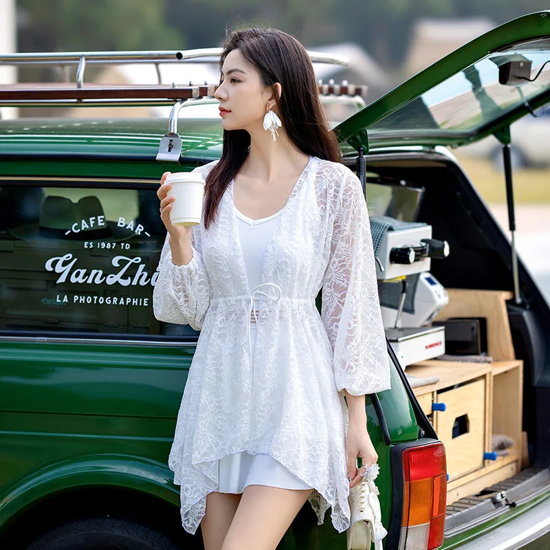 wisuwore Korean Two-Piece Swimsuit Women 2023 Cover Up Sexy Strap Cross Back Skinny Dress and Lace Coat  Cupshe Bathing Suit