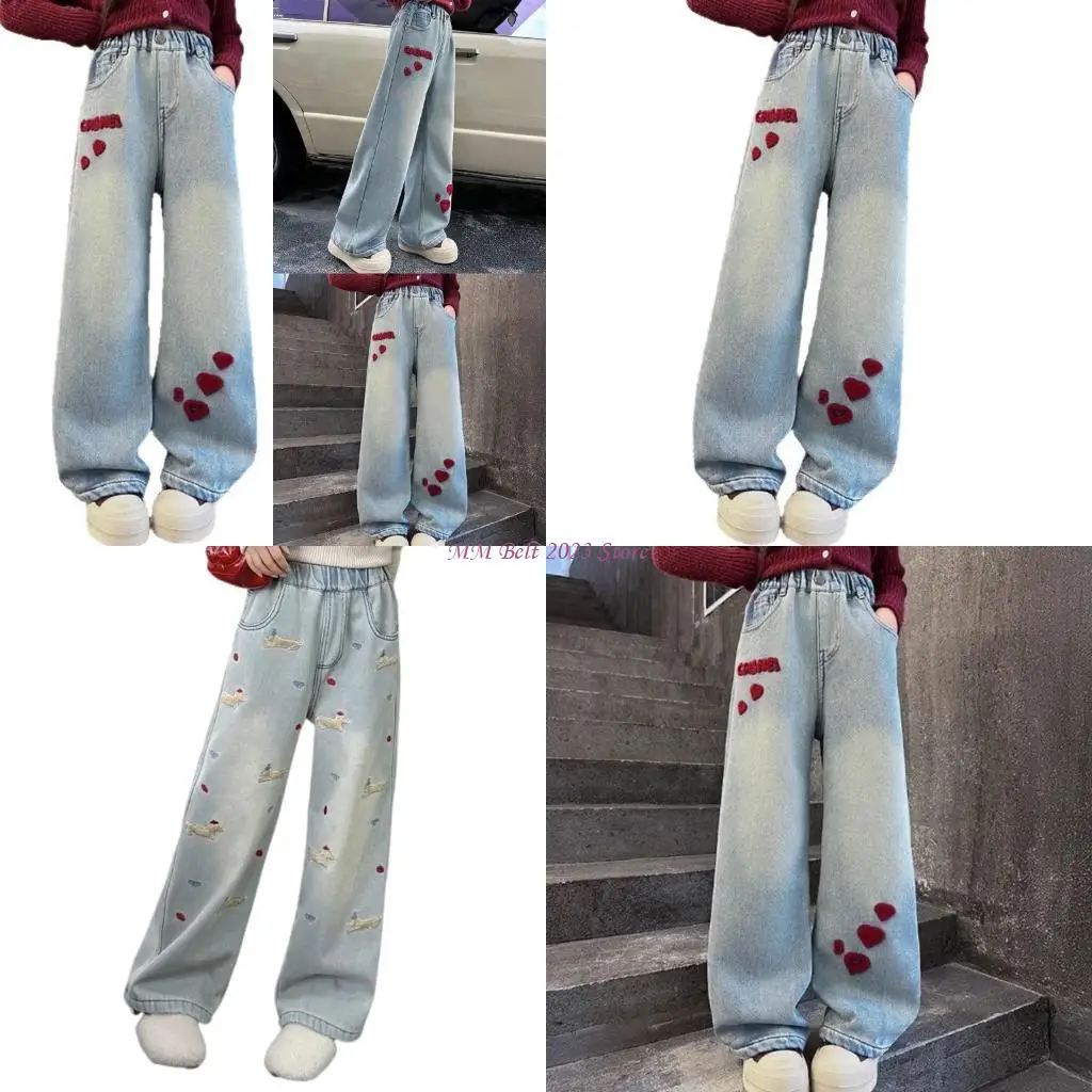 49ME Girls Baggy Loose Fit Wide Leg Jeans Pants with Elastic Waist Embroidery Denims Trousers for Casual and Fashion Occasion