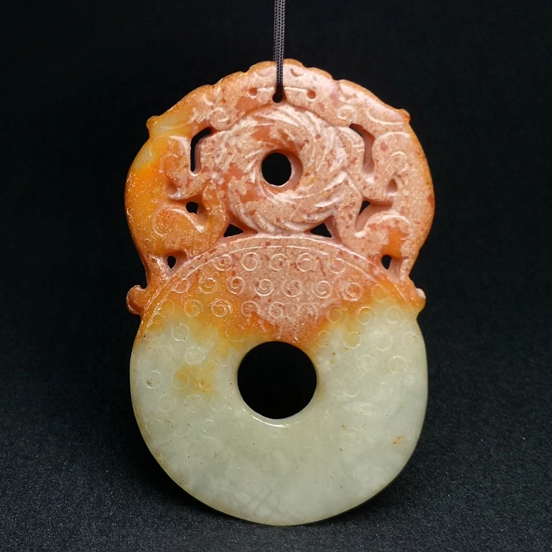 YIZHU CULTUER ART Size 7.8 × 5 cm Old Chinese Jade Hand Carved two Pi Xiu Beast Statue Disc Pendant Gift