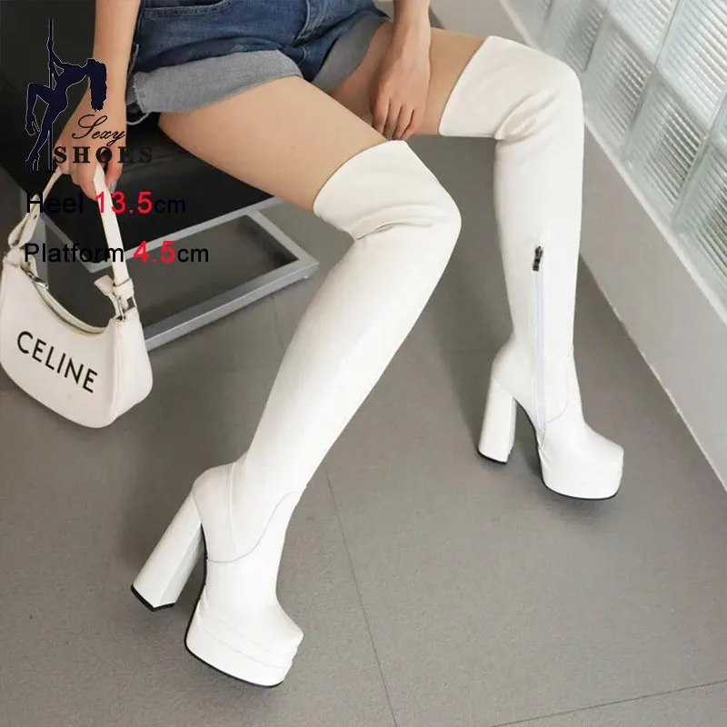 

2025 Новые модные красные женские сапоги выше колена на грубом каблуке с толстой подошвой, белые сексуальные сапоги до бедра, длинные сапоги для вечеринок и танцев на пилоне