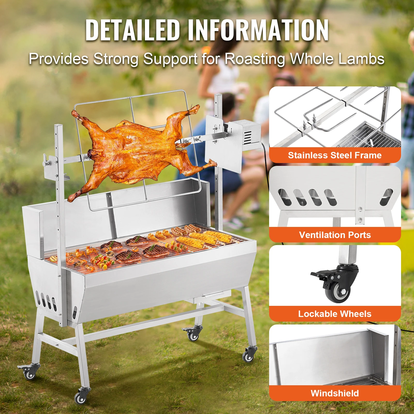 VEVOR Asador de carbón con parabrisas, para asar cerdo entero, cordero, cabra, 35 pulgadas, capacidad de 90 libras, motor eléctrico de 42 W, asador de acero inoxidable con ruedas bloqueables, para acampar al aire libre