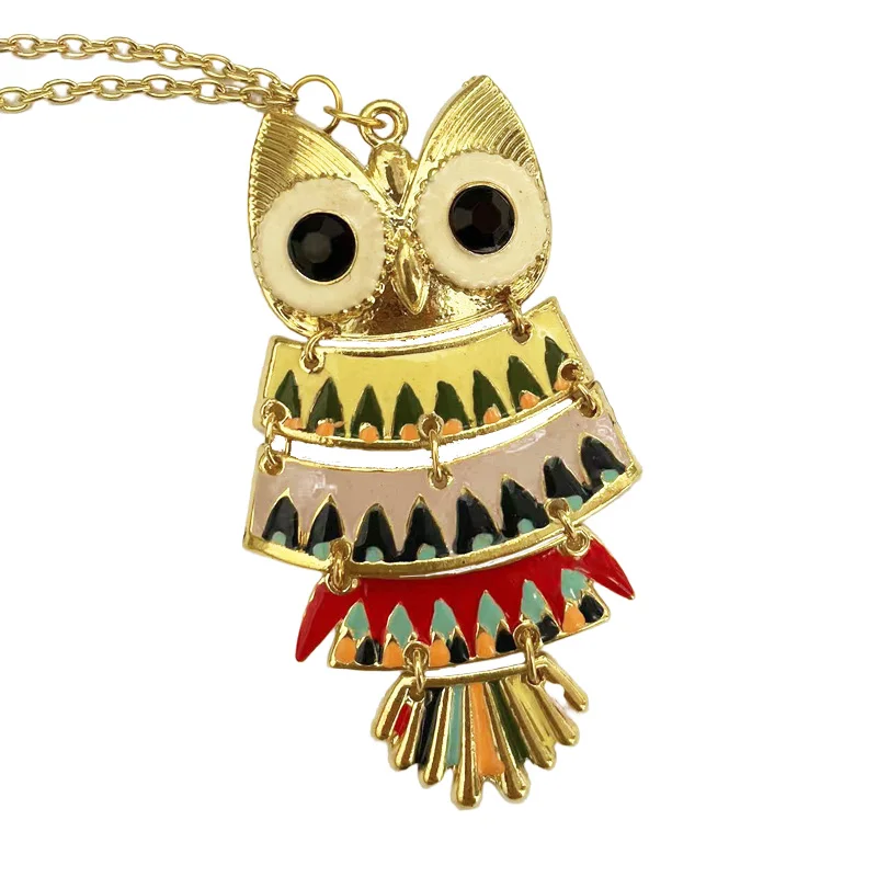 Womens Girl Rainbow Multi Color Owl Enamel Bird Dangle Pendant Long Chain Necklace Bird Animal Statement Boho Lady Jewelry