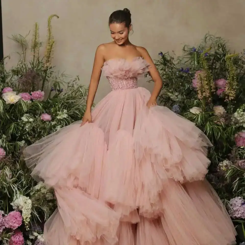 Princess Ball Gown Dresses Women Elegant Party Multilayer Wedding Dresses Strapless Bridal Gown Vestido De Noiva Customized