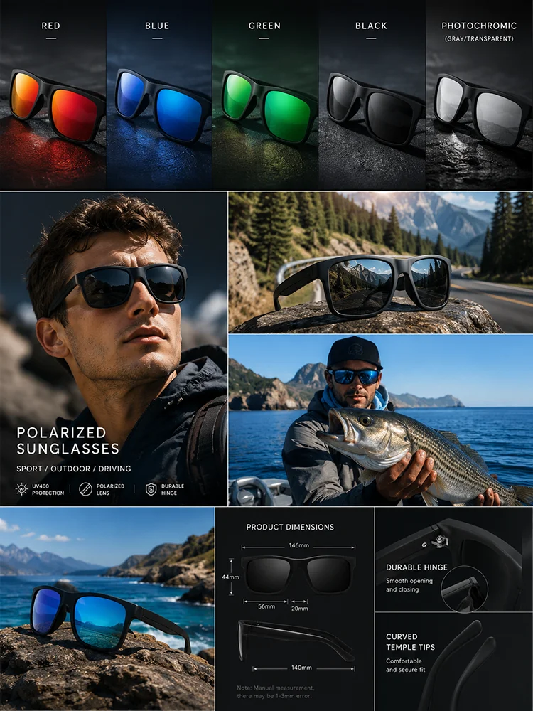 Matte Schwarze Rahmen Polarisierte Sonnenbrille für Herren Quadratisch UV400 Fahrbrille Outdoor-Sport Sonnenbrille – Detail 5