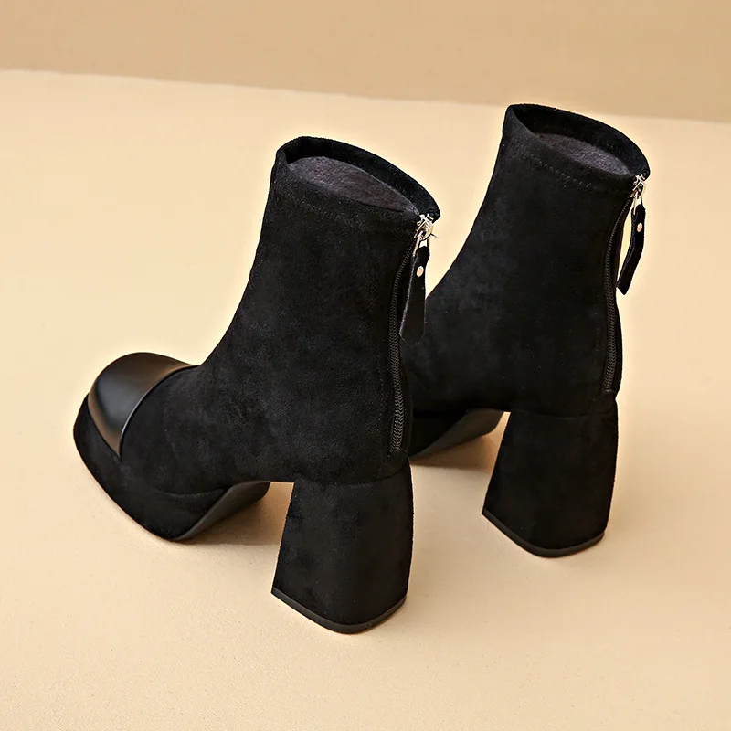 

2024 Autumn/Winter Spliced Super High Heel Boots Women's Boots Thick Heel Short Skinny Boots Everything Casual Shoes