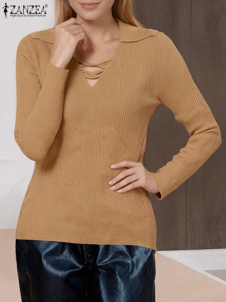 

ZANZEA Women Sweaters 2025 Autumn Pullover Solid Knitted Tops Fashion Long Sleeve V Neck Sweaters Casual Ribbed Commute Jumpers