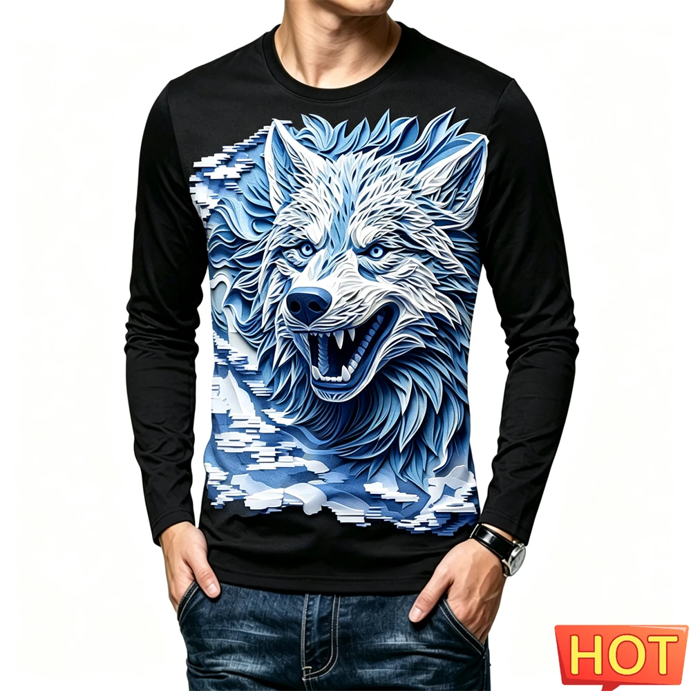 Funny Wolf Pattern Men's T-shirt Fashion 3D Dragon Printed Tees Autumn Casual O-neck Long Sleeve Tops Hip Hop Trend Men Clothing