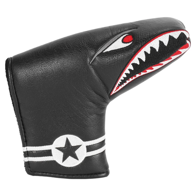 

Hot 1Pc Black PU Leather With Shark Embroidery Magnet Golf Blade Putter Head Cover Golf Club Putter Headcover