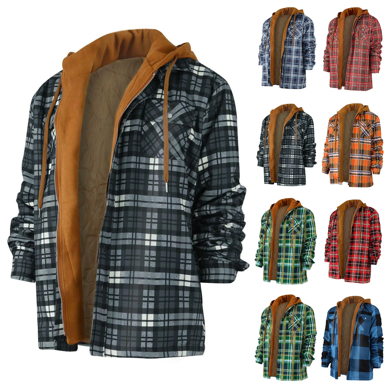 Mens Jacket Winter Plaid Flannel Shirts Patchwork Thick Fleece Quilted Lined Coat Long Sleeve Button Hooded Camisas De Hombre