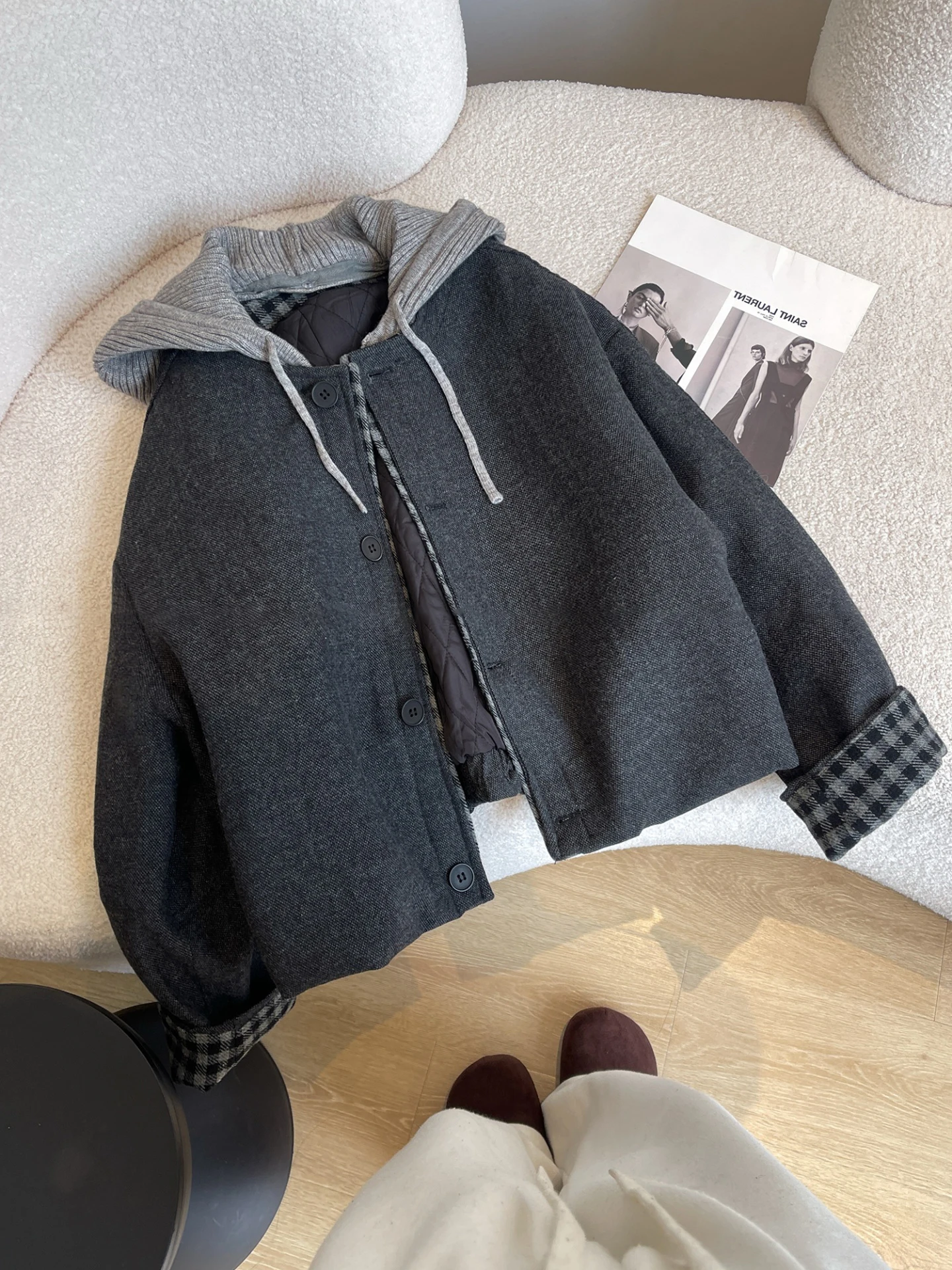 

Korean Sle Retro Hooded ort Coat Women's Autumn Winter Design Sensation Loose Slimming Long Sve Top