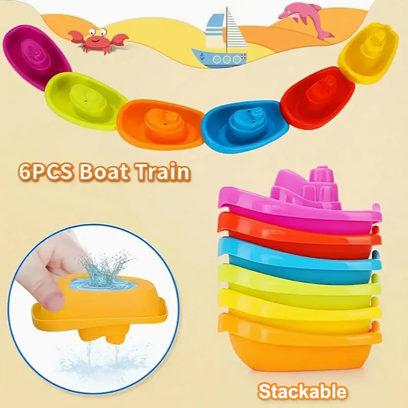 6Pcs Rainbow Color Stacked Cup Floating Stackable Ship Baby Toy Early Education Intelligence Gift Baby Stacking Boat Bath Toys
